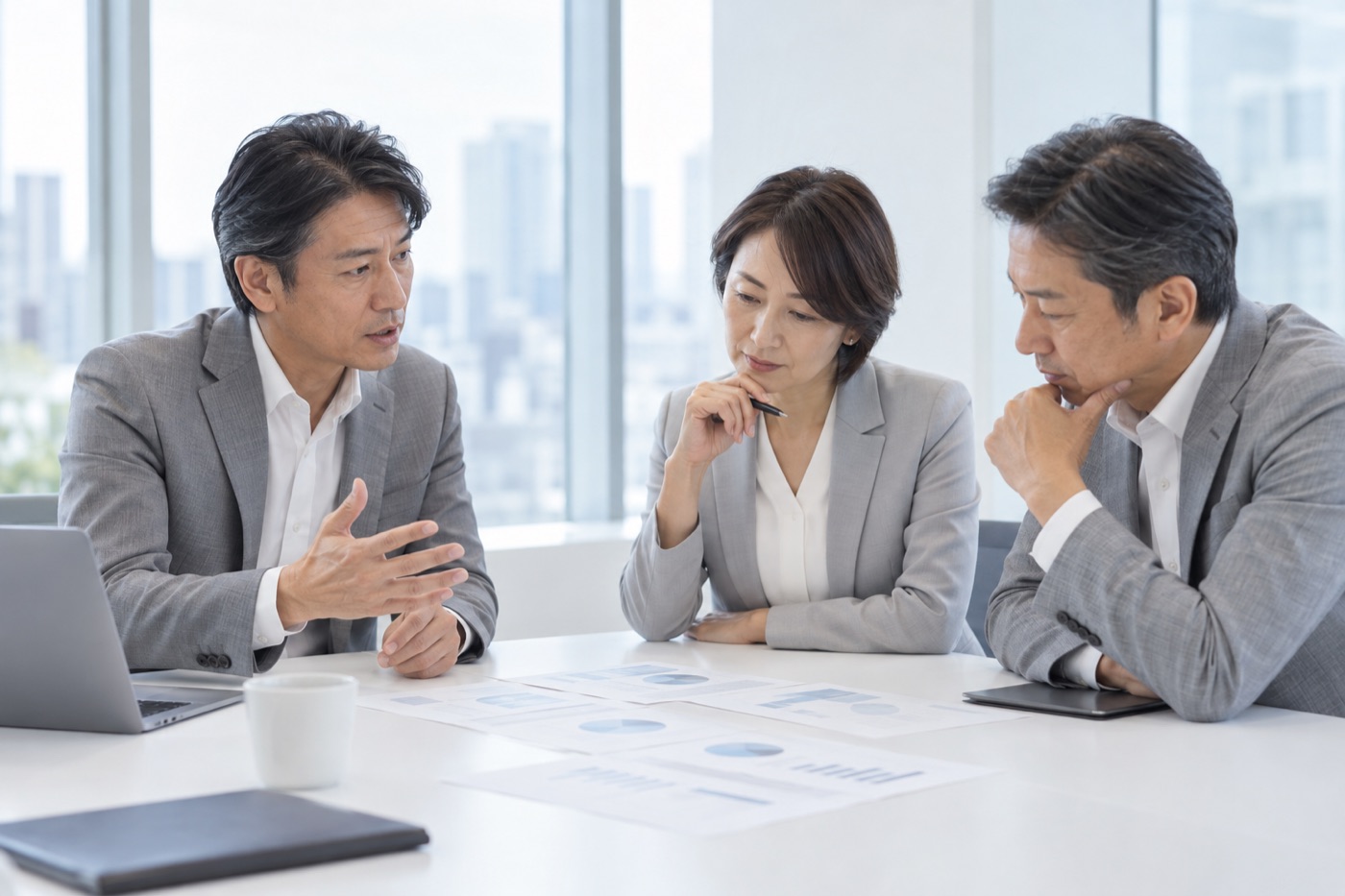 打ち合わせで方針を話す経営陣