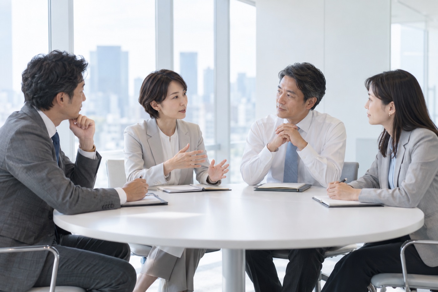 明るい会議室の丸いテーブルを4人で囲み、手帳を開いたまま、話している女性に皆が耳を傾けている。