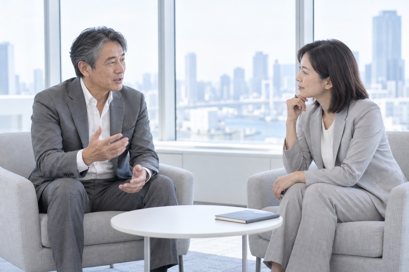 高層階の窓際のソファで、グレーのスーツの男性が身ぶりを交えて話し、向かいの女性が頬に手を添えて耳を傾けている。