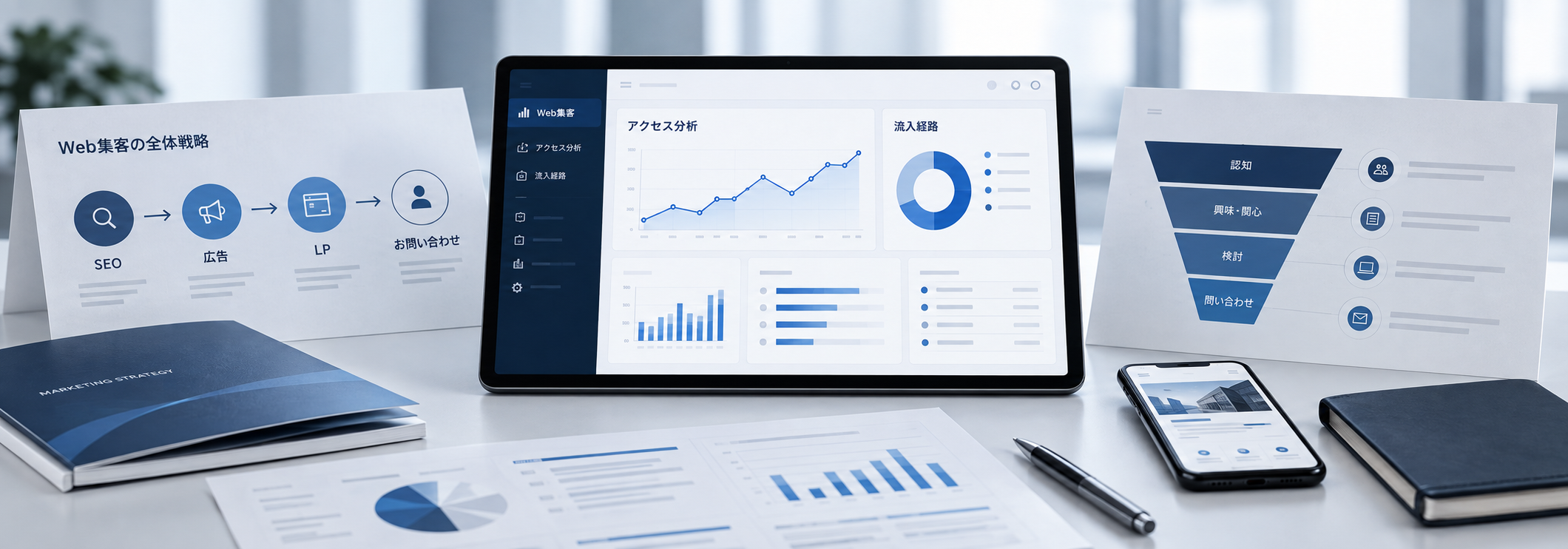 アクセス分析のダッシュボードとWeb集客の戦略資料のイメージ